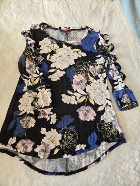 Jennifer Lopez Black Floral Cold-Shoulder Tunic with Blue and Pink Accents